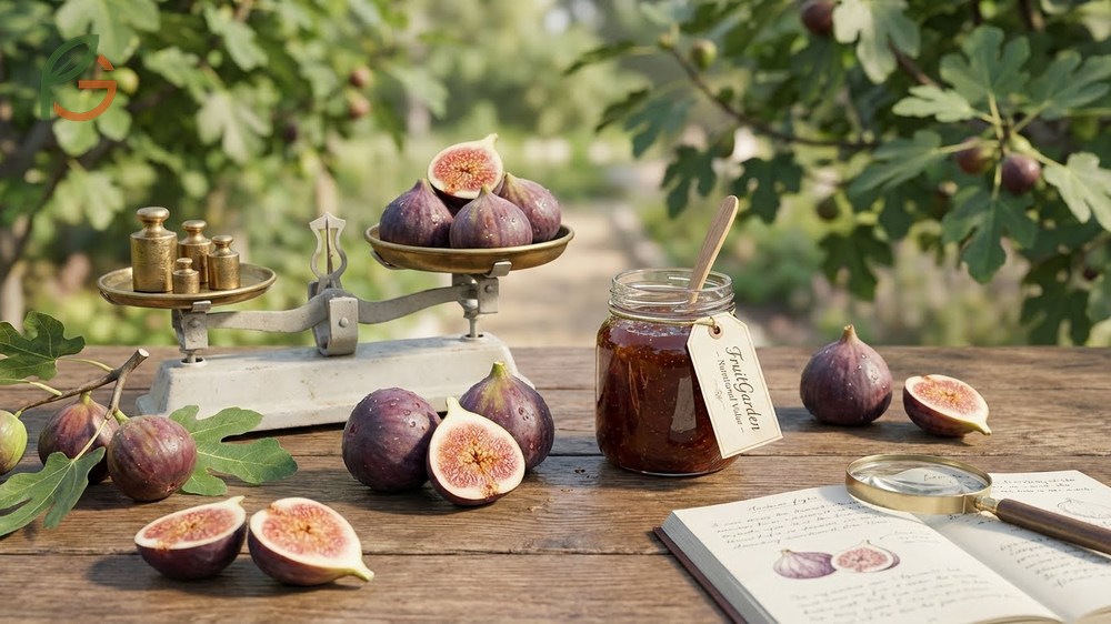 Nutritional value of figs showing 74 calories per 100g serving with rich dietary fiber and copper content.