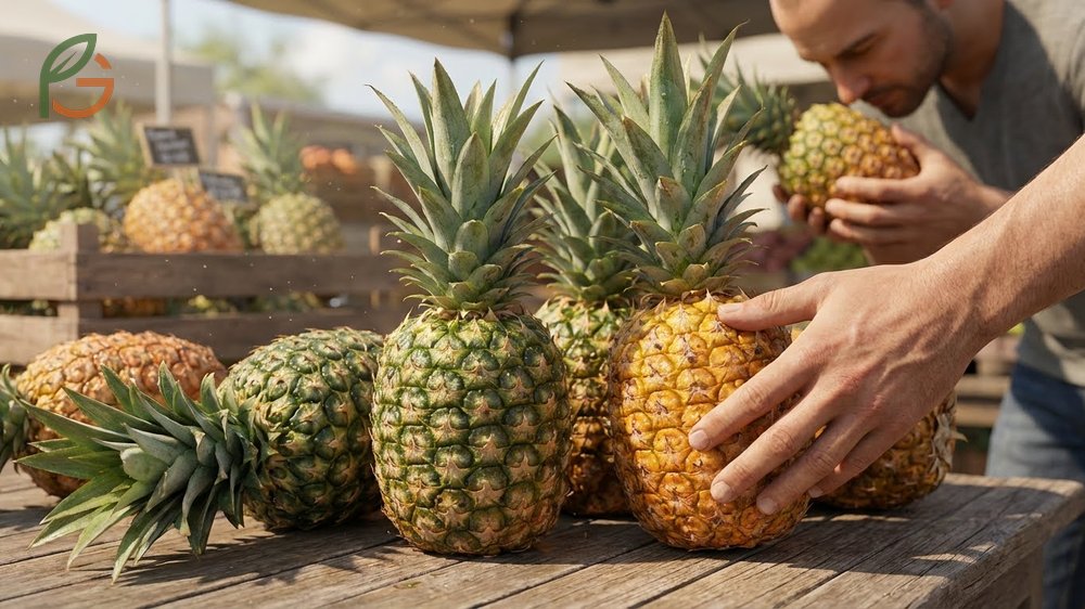 Ripeness indicators include a leaf pull test with minimal resistance and prominent flat eyes on the skin.