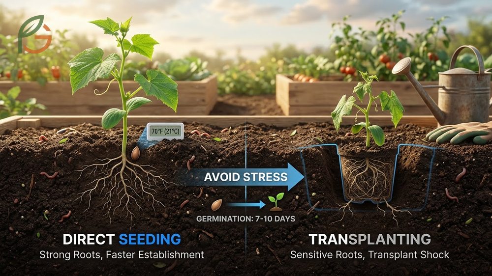 Planting cucumber seeds directly into raised soil mounds to improve drainage and root warmth.