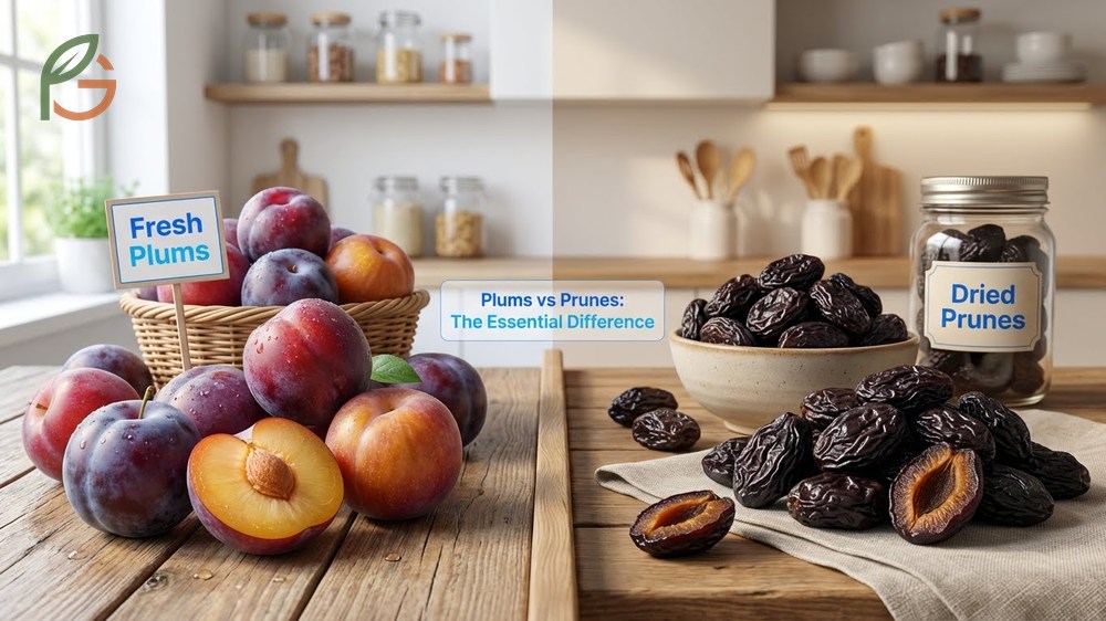 Plums vs prunes essential difference lies in sugar content that prevents fermentation during the drying process.