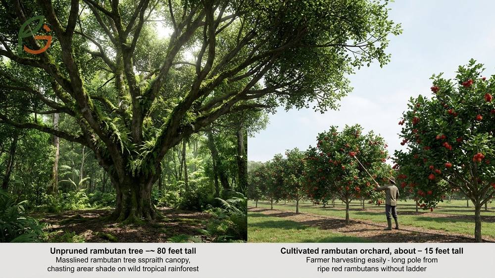 Rambutan tree size can reach 50-80 feet in nature but is pruned to 13-26 feet for cultivation.