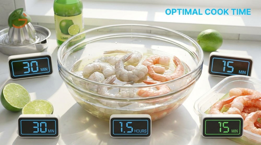 How long to cook shrimp in lime juice guide suggesting 30 to 90 minutes for optimal texture.