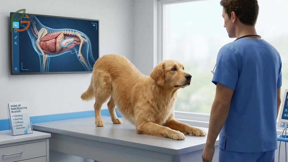 Signs of pancreatitis in dogs warning infographic showing symptoms like vomiting and abdominal pain.