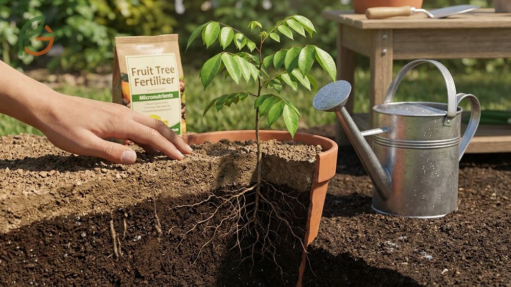 Starfruit seedling care involving regular watering when top soil dries and fertilizing every 8 weeks.