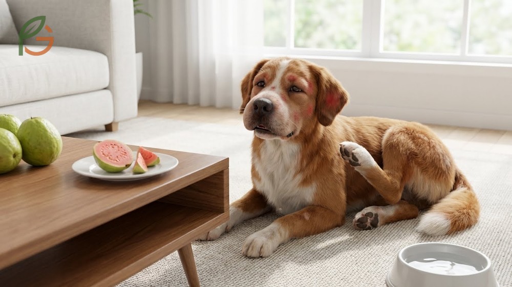 Symptoms of guava allergy in dogs including facial swelling and itching within 30 minutes of consumption.