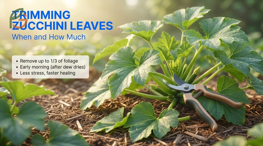 Trimming zucchini leaves by removing up to one third of foliage in the early morning to maintain plant health and airflow.