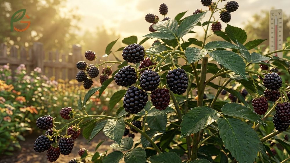 Triple crown thornless blackberry features semi-erect growth that tolerates heat and produces fruit in mid-summer.