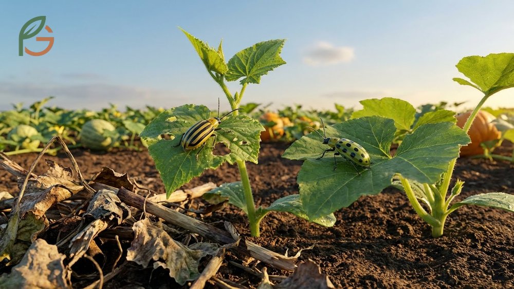Striped and spotted cucumber beetles feeding on leaves causing direct damage and transmitting bacterial wilt to young plants.