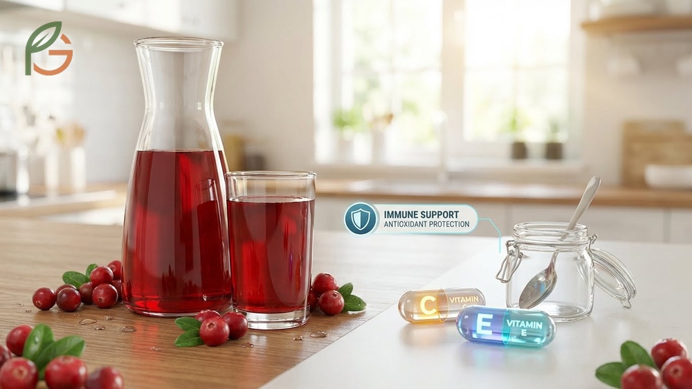 Vitamins in cranberry juice include 26 percent of daily vitamin C needs plus vitamin E for antioxidant protection.