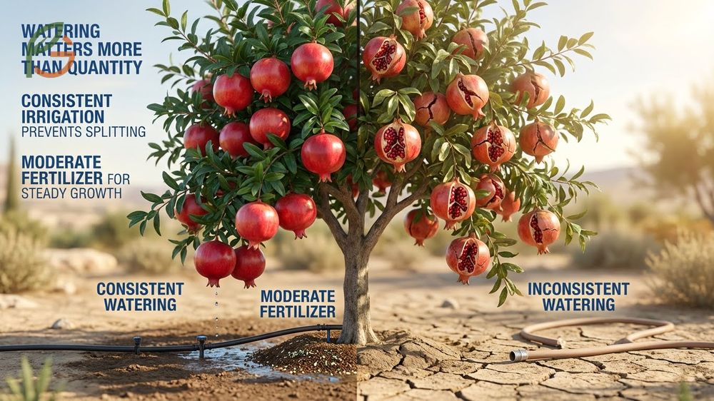 Watering fertilizing pomegranate schedule outlining deep irrigation twice weekly and balanced nutrient application.