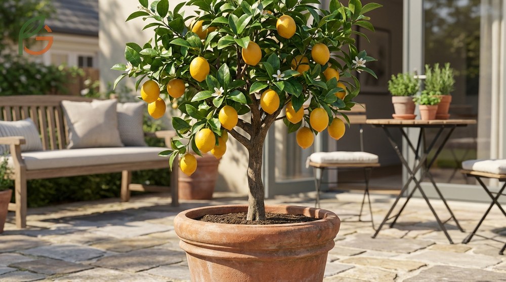 What is a dwarf meyer lemon tree describing its compact size of 6-10 feet and continuous blooming cycle.