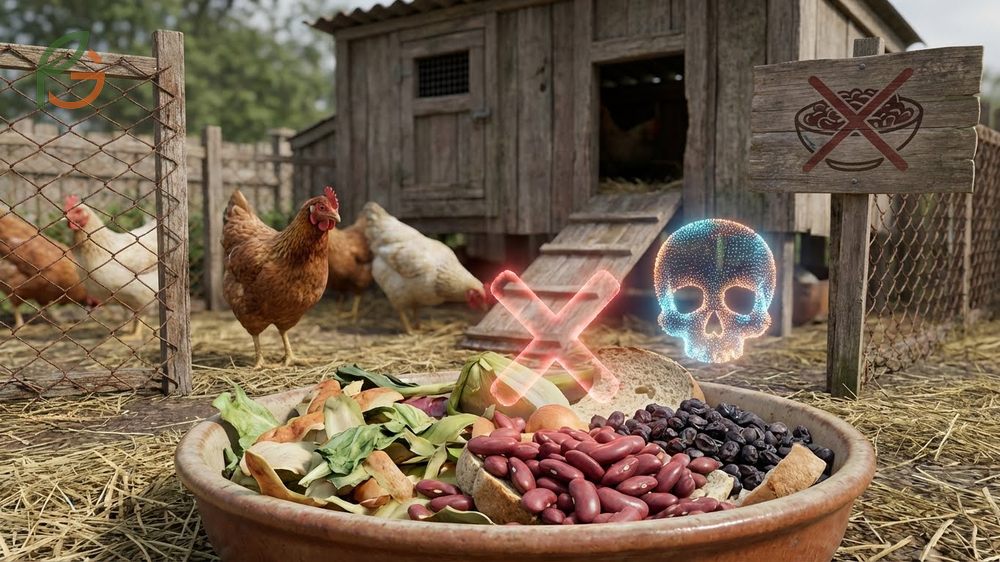 What scraps not to feed chickens listing toxic foods like avocado and raw dried beans to avoid poisoning.