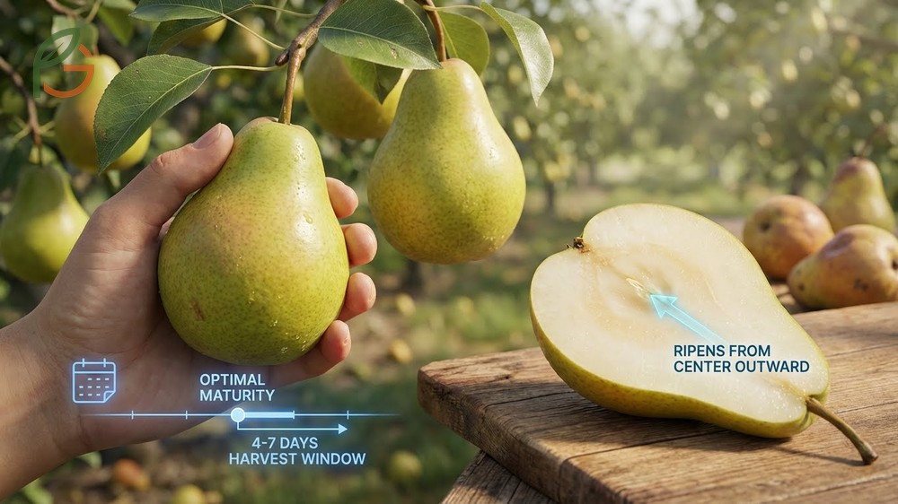 When to pick pears identified by the lift and twist test where the stem separates easily from the branch.