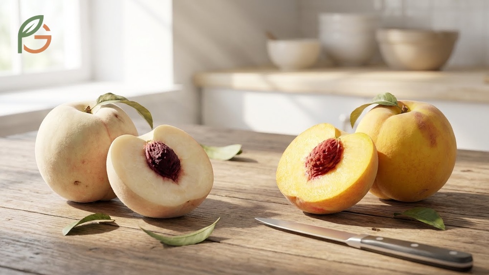 White peach vs yellow peach comparison highlighting flesh color differences and flavor profiles.
