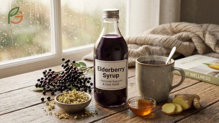 Benefits of elderberry syrup featured in a medicinal glass bottle next to fresh berries for cold and flu immune support.