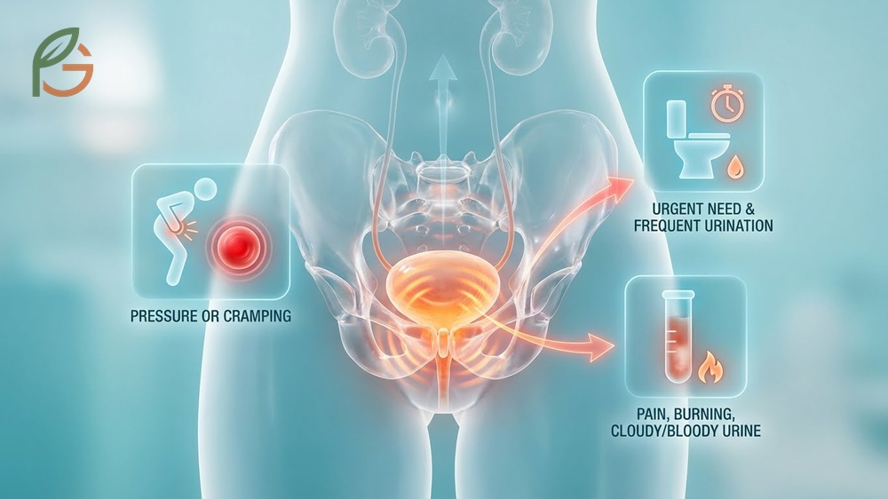 Bladder infection symptoms characterized by burning sensations and frequent urination requiring medical attention.