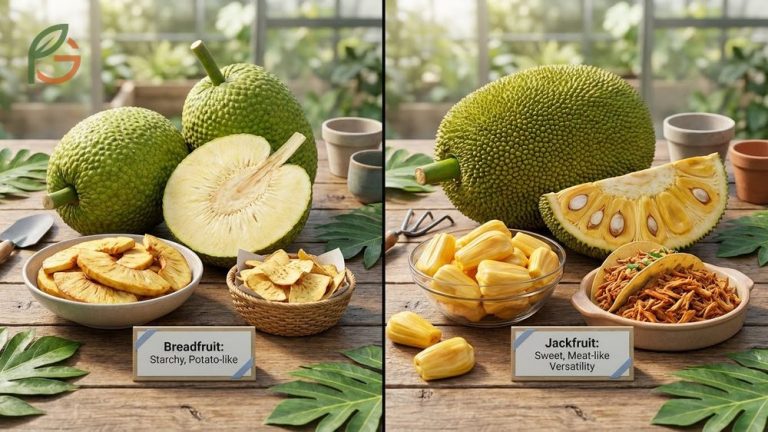 Breadfruit vs jackfruit comparison covering taste, texture, and culinary uses for gardeners.