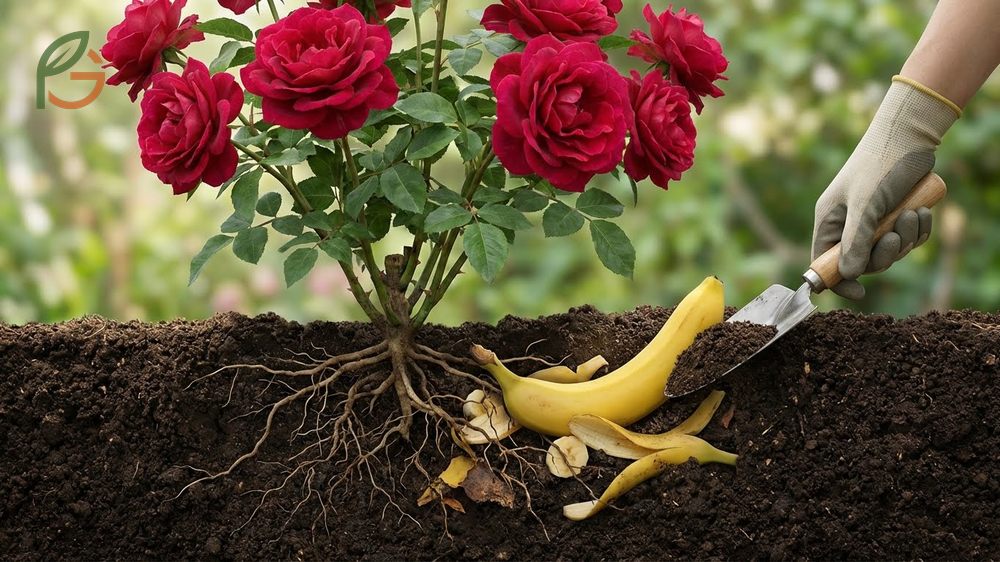 Burying whole bananas for roses creates a nutrient rich zone supporting vigorous blooms and stems.