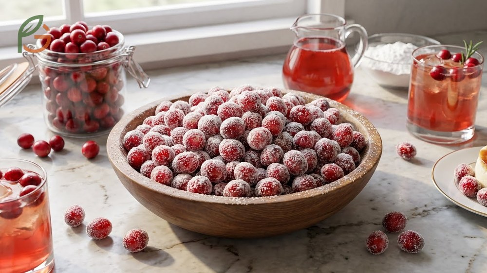 Candied cranberries with powdered sugar made using a simple ratio of 1 cup berries to 0.5 cup sugar.