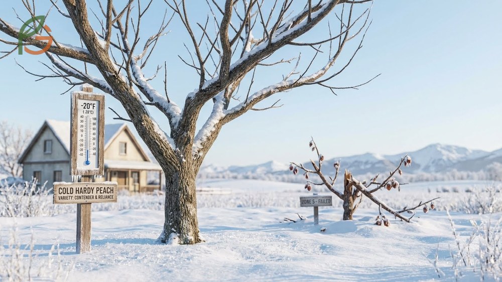 Cold hardy peach trees like Contender and Reliance thriving in northern climate zones.