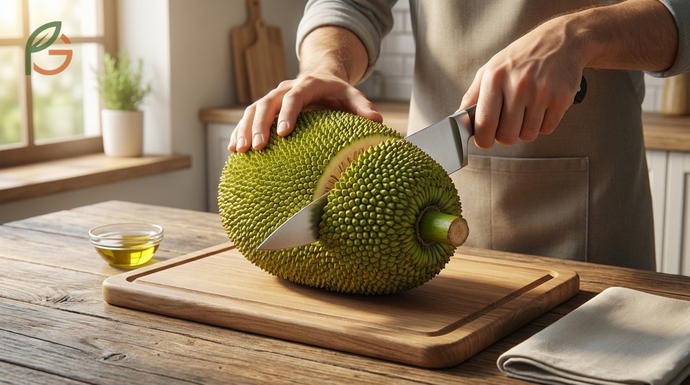 Cutting jackfruit safely requires slicing the fruit lengthwise and always moving the knife away from your body to avoid injury.