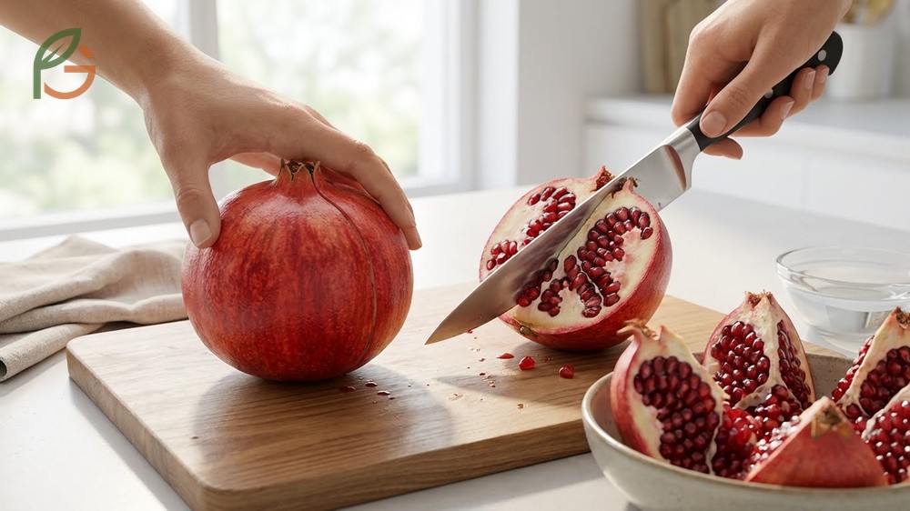 How to cut a pomegranate requires scoring the crown and slicing along natural vertical ridges to open chambers.