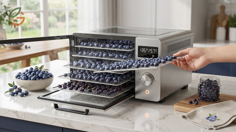Dehydrator temperature settings for blueberries should stay between 125 and 135 degrees Fahrenheit for best quality.