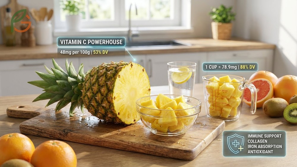 Does pineapple have vitamin C questions are answered with forty eight milligrams per serving supporting immunity.