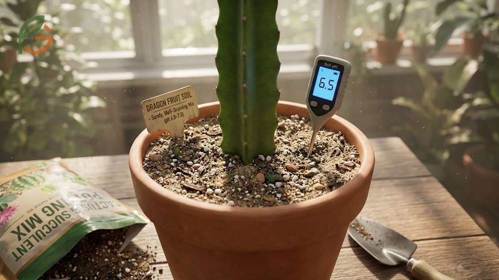 Dragon fruit soil mix utilizing sandy loam and organic compost to ensure proper drainage and pH levels between 6 and 7.