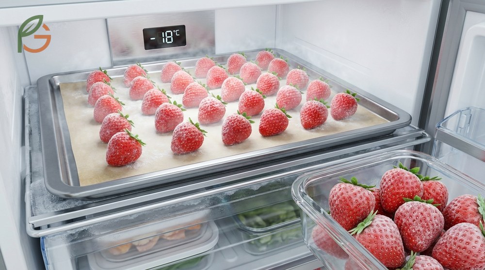Flash freezing strawberries at zero degrees ensures better texture and nutrient retention.