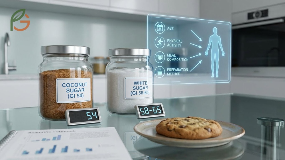 Glycemic index comparison showing coconut sugar at 54 versus white sugar at 65 affecting blood glucose levels differently.