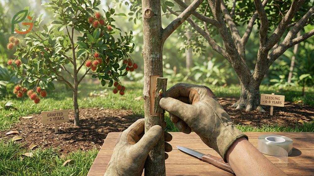 Grafting rambutan trees using patch budding techniques achieves 70 percent success rates for faster fruiting.
