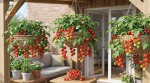 Growing tomatoes in hanging baskets guide using compact determinate varieties like Cherry Falls for patio harvests.