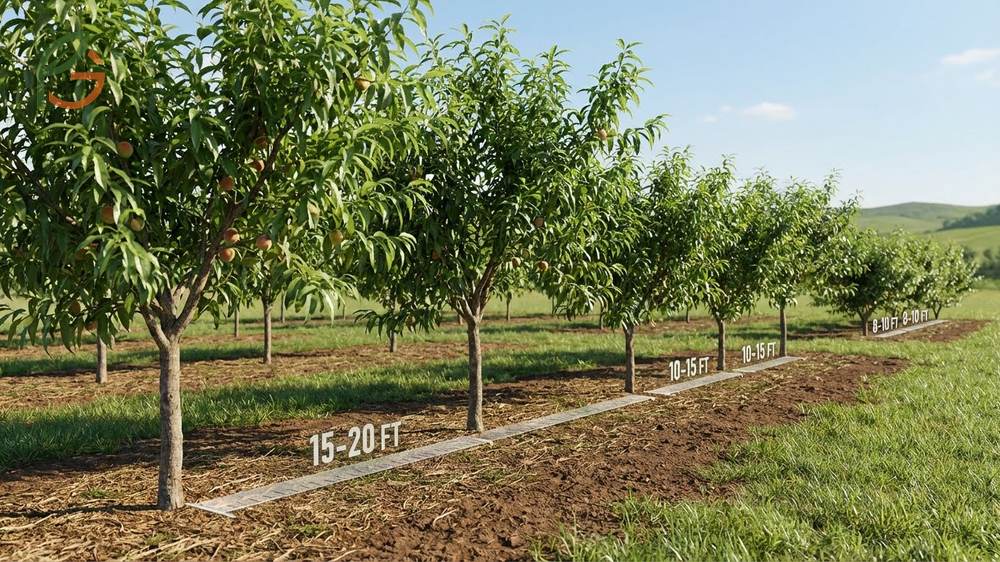 How far apart to plant peach trees listing spacing requirements from 8 to 20 feet depending on tree type.