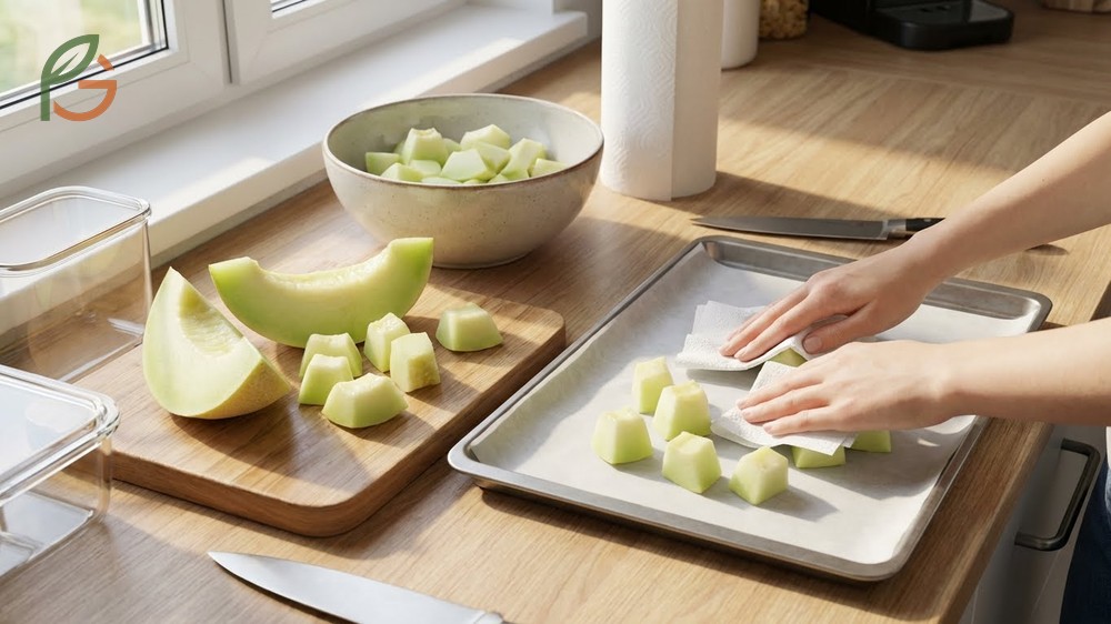 Freezing honeydew melon step by step method using baking sheets to prevent clumping.