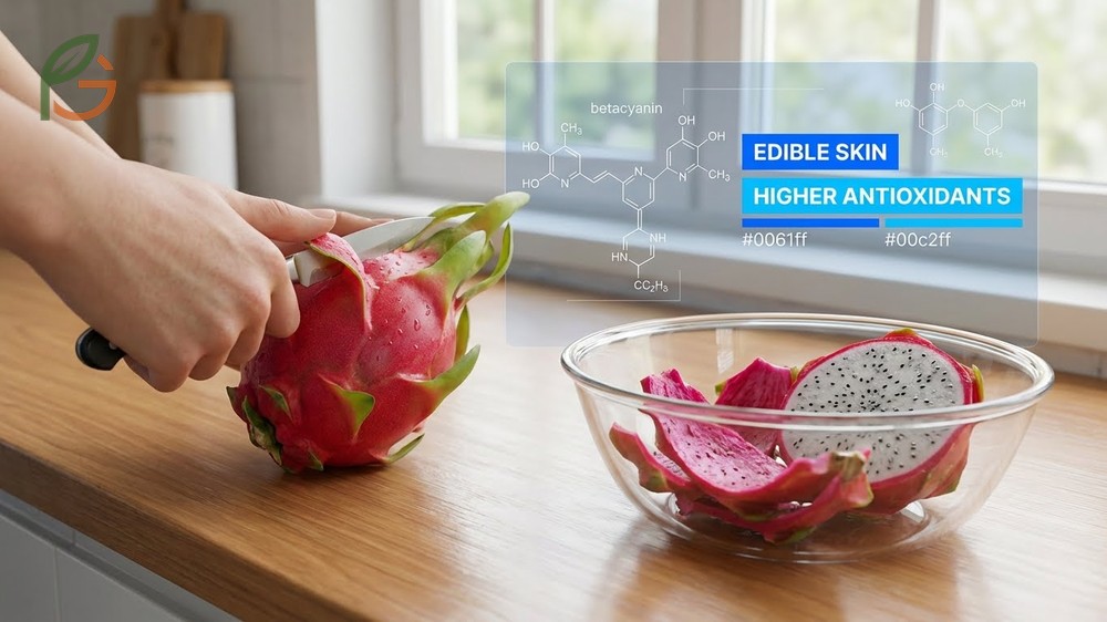 Edible dragon fruit skin contains concentrated betacyanins and protein beneficial for digestive health.