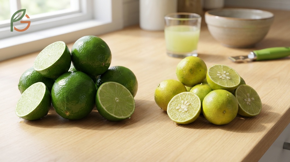 Side-by-side comparison of a small key lime and a large Persian lime to show distinct size differences.