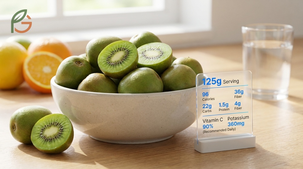 Kiwi berries nutritional value showing 90 percent daily vitamin C and high potassium in a small serving.