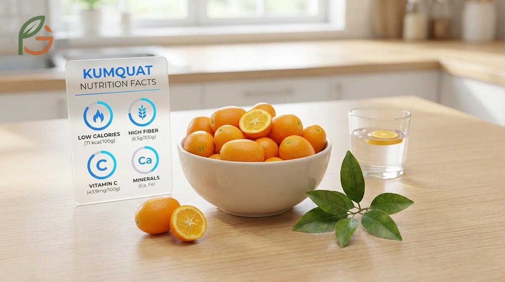 Kumquat nutrition facts highlighting 71 calories and 6.5g of fiber per 100g serving for healthy snacking.