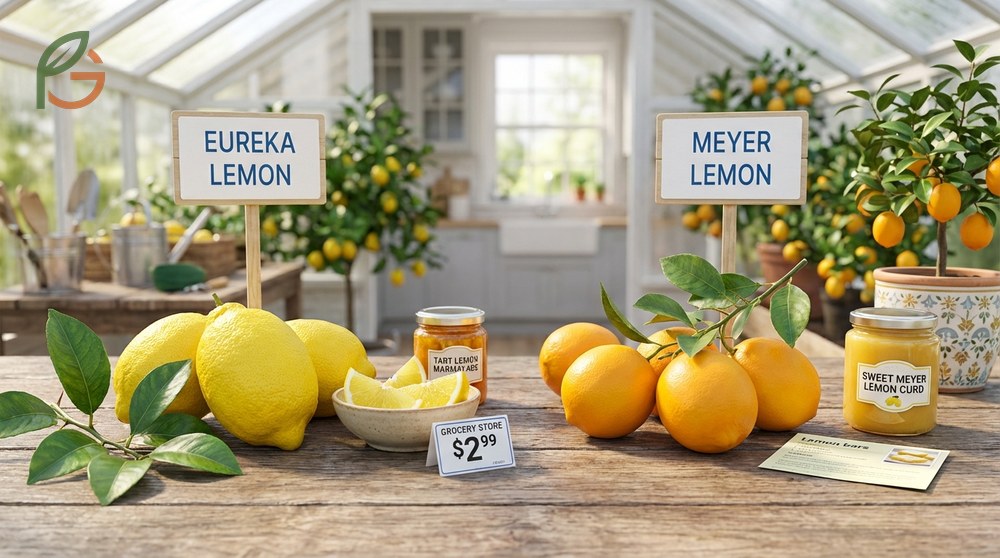 Meyer vs eureka lemon differences highlighting the sweeter taste and thinner skin of Meyer lemons compared to tart Eureka.