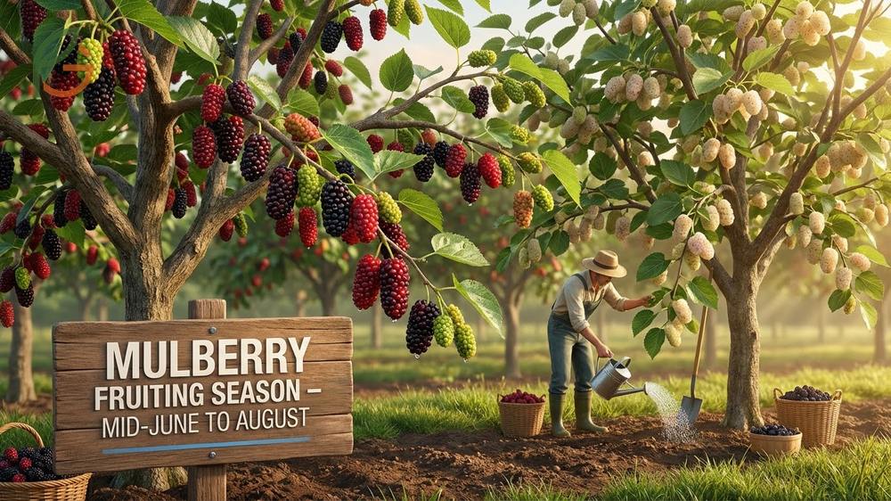 Mulberry fruiting season peaks in June and July when mature trees produce up to 20 pounds of sweet berries annually.