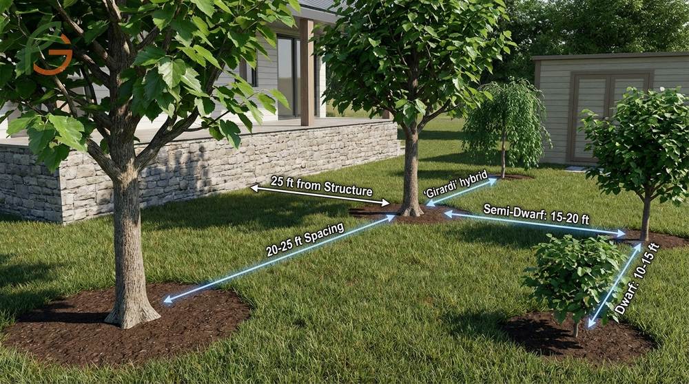 Proper mulberry tree planting distance of 25 to 30 feet from structures to prevent root damage.