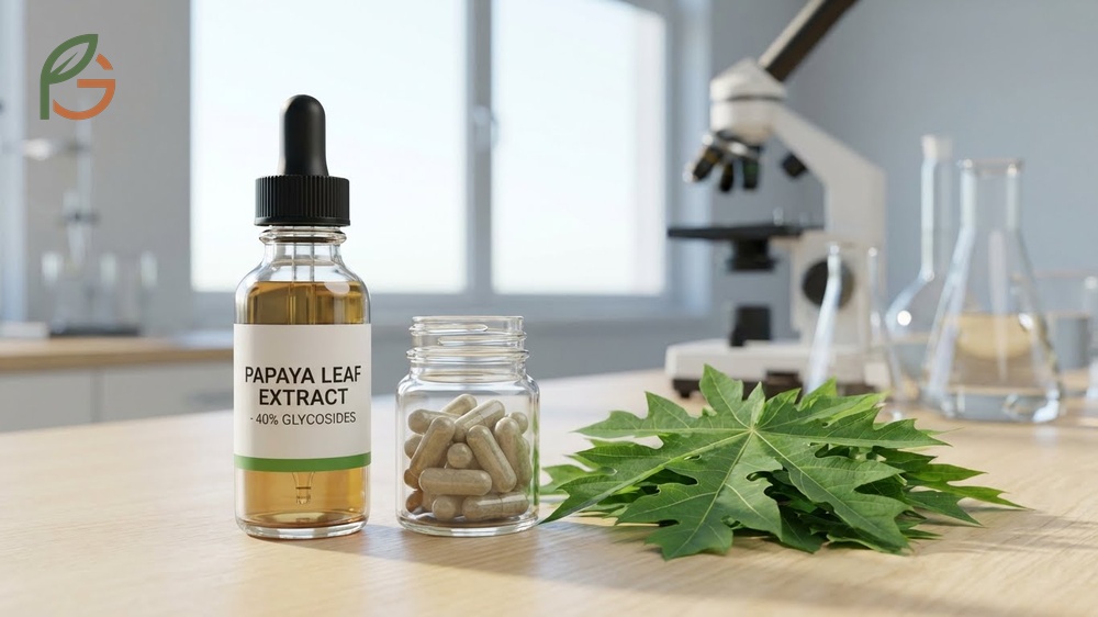 Papaya leaf extract benefits include standardized concentrations of 40% glycosides for consistent therapeutic effects.