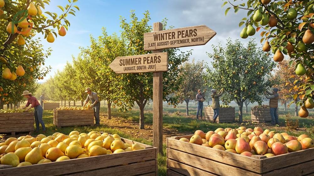 Pear harvest timing chart showing early season Bartlett picking in August versus late season Anjou in October.