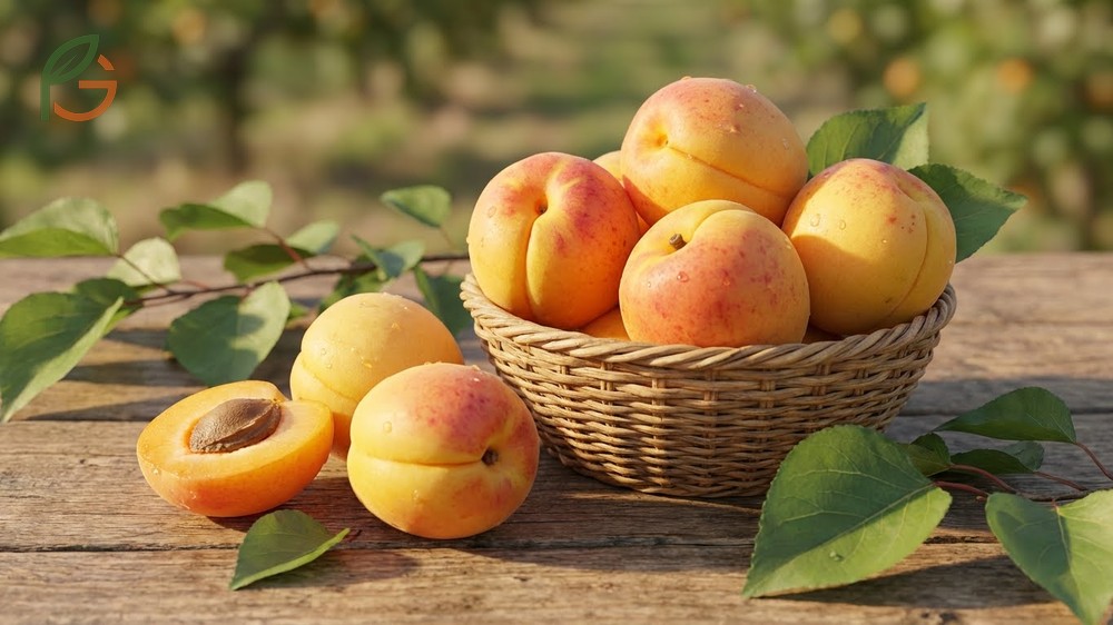 What does an apricot look like featuring a small round shape and velvety orange skin with a suture line.