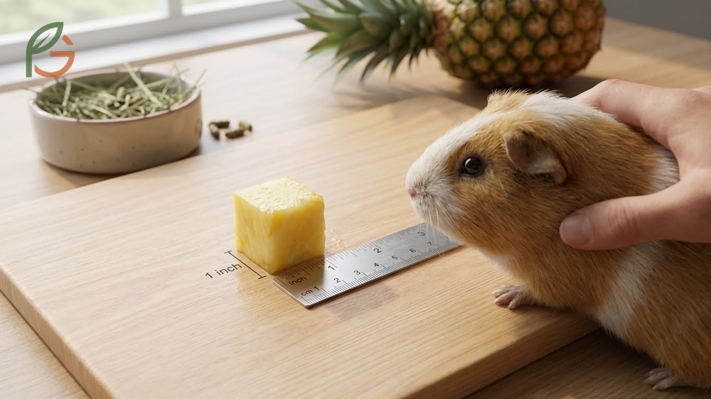Pineapple serving size for guinea pigs recommending one small 1-inch cube of fresh flesh once monthly to prevent obesity.
