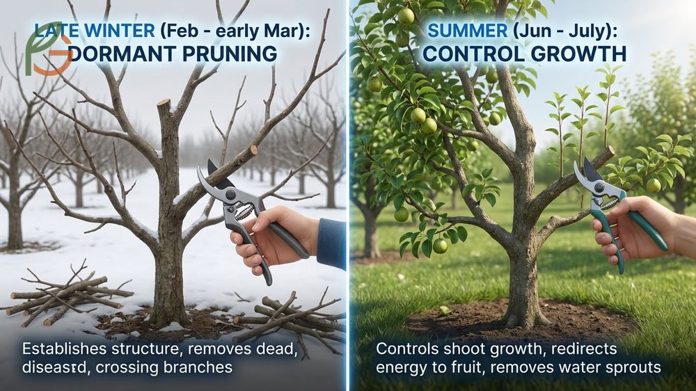 Pruning and training techniques for young Asian pear trees using the central leader system.