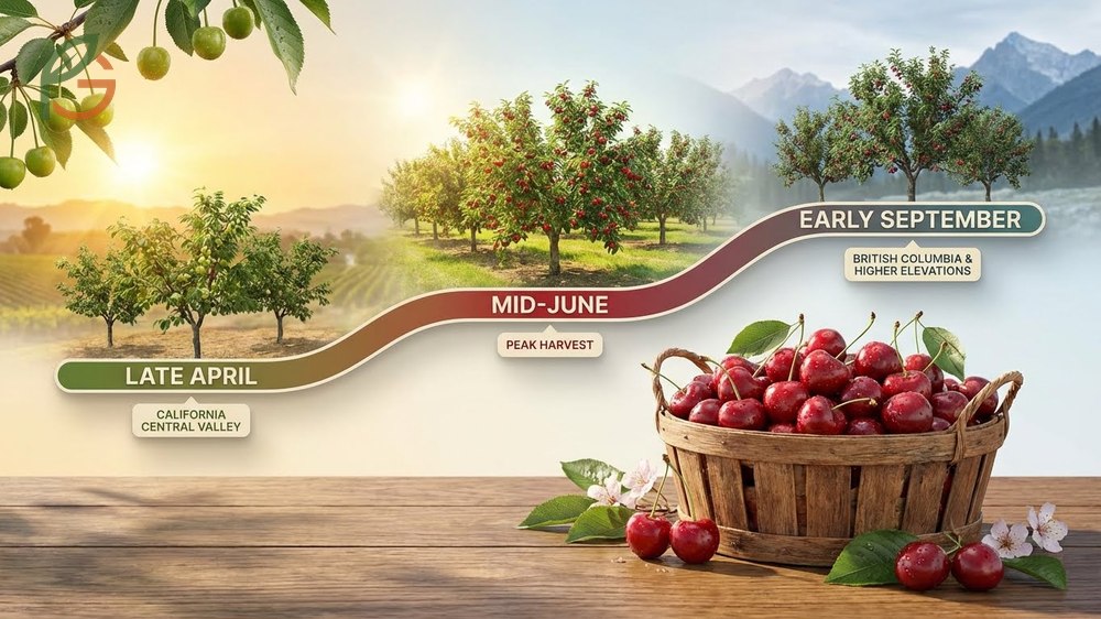 When are cherries in season across regions showing California starting in late April and Washington continuing through August.