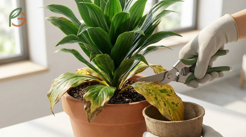 Removing old leaves that show yellowing or damage to prevent disease spread while keeping at least 12 healthy leaves.