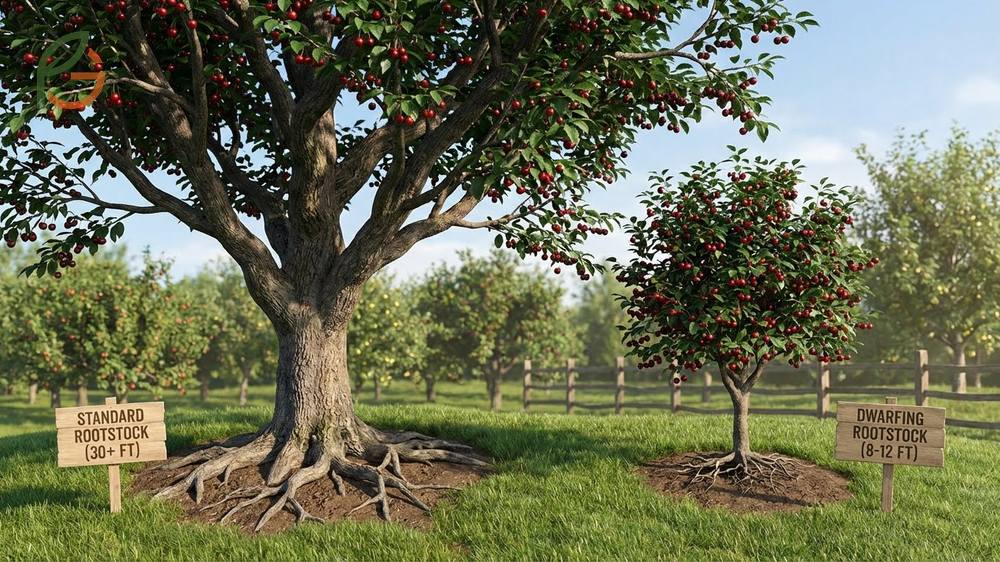 Rootstock influence on size determines if a cherry tree grows to 30 feet or remains a manageable 10-foot bush.